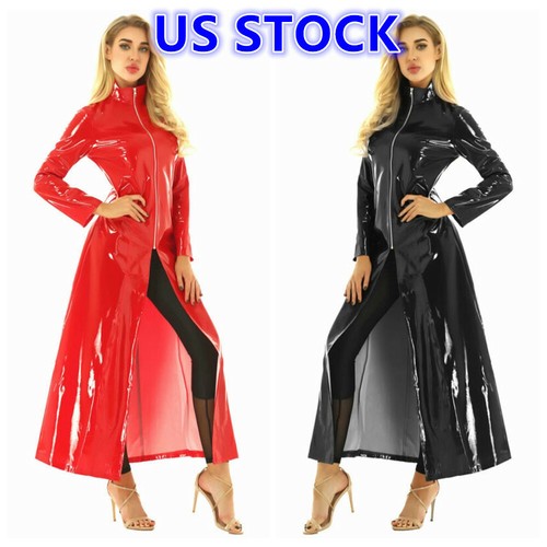 Mujeres Hombres Cuero Brillante Cuello Alto Trench Abrigo Largo Chaqueta Juegos con disfraces Disfraz