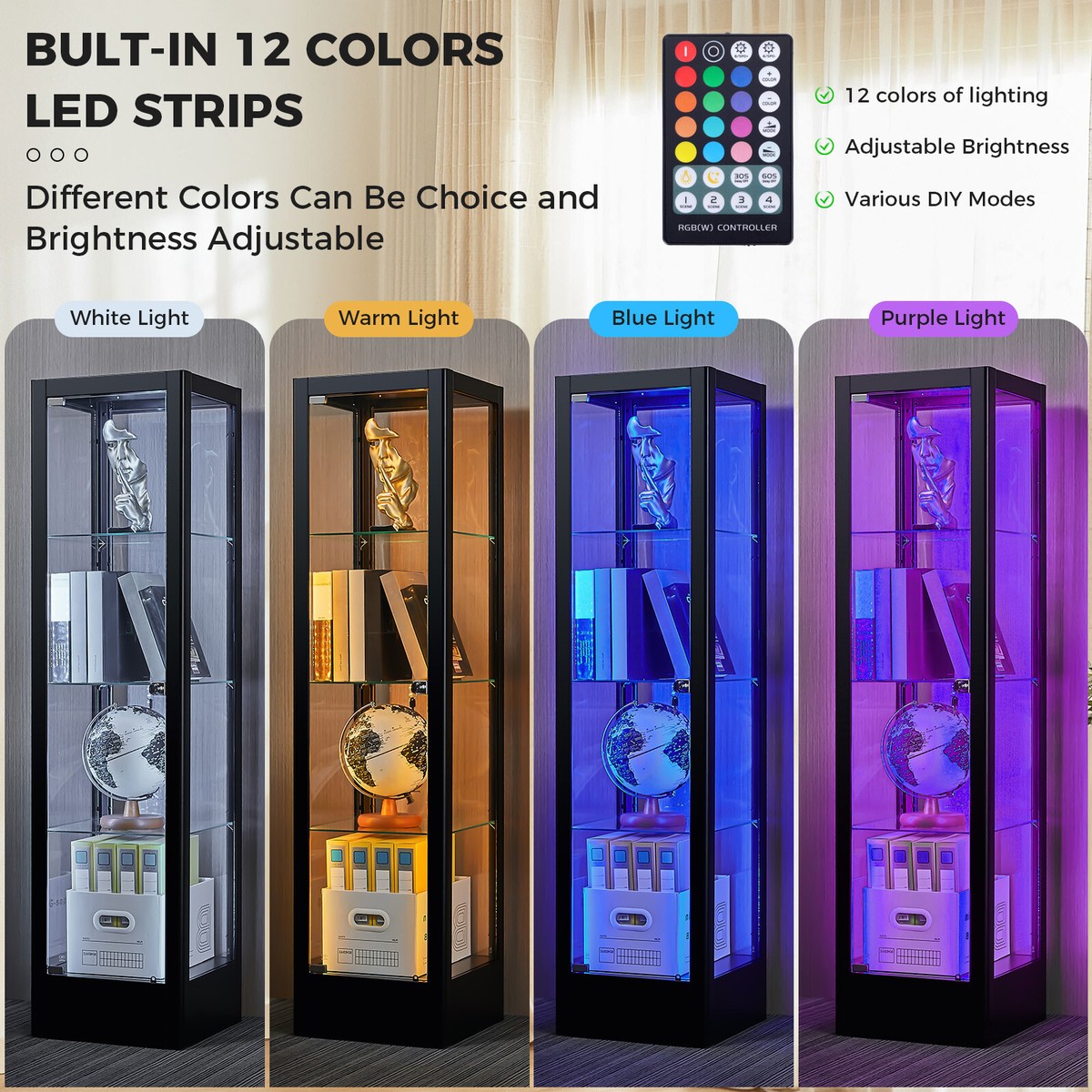 Steel Lockable Display Cabinet Adjustable 4-Tier Curio Bookcase