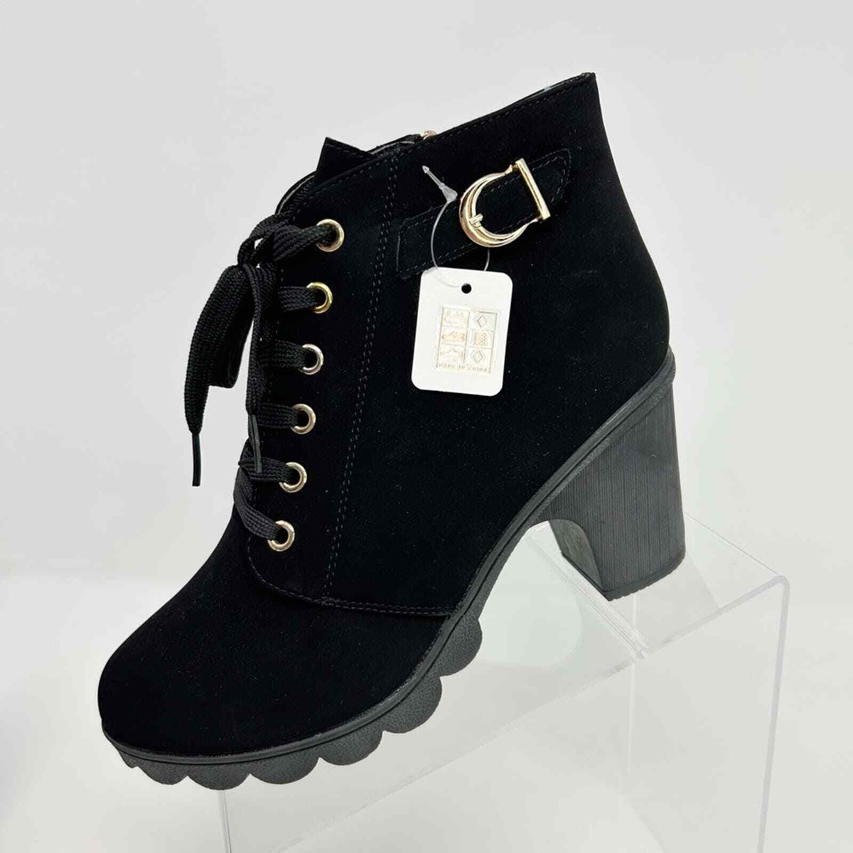 NWT Black Suede Leather Chunky Block Heel Lace Up Ankle Boots