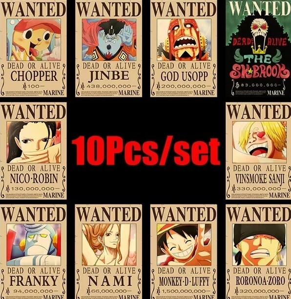 Lot 10 Affiches One Piece Wanted Luffy Zoro - Décoration Murale Anime 28.5x19.5 Cm