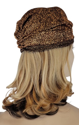 Vtg 60s Copper Gold Black Metallic Lame Ladies Cloche Gathered Fabric Turban Hat - Picture 16 of 19