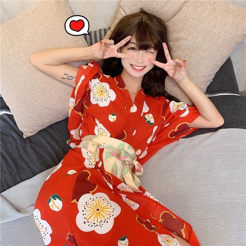 Lady Kimono Yukata Japanese Sakura Bathrobe Floral Sleepwear Retro