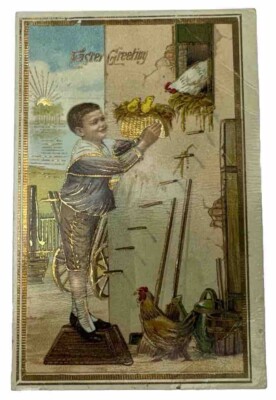 Antique Vtg Easter Postcard Victorian Boy Chickens Chicks Gold Foil Germany