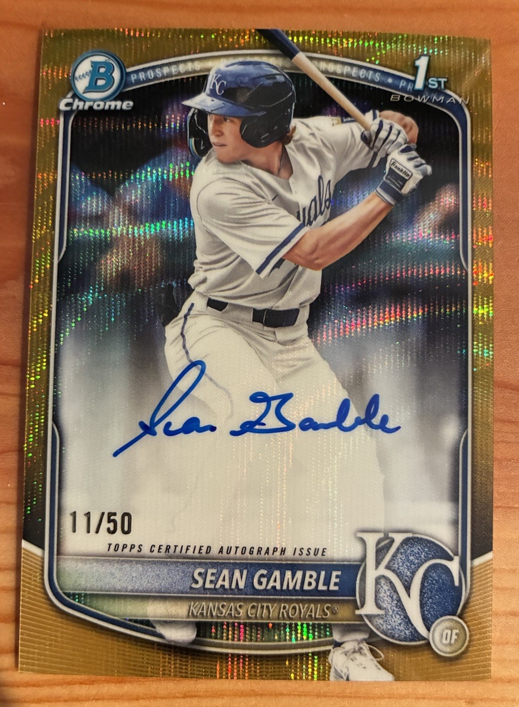 SEAN GAMBLE 2025 BOWMAN CHROME DRAFT 1ST GOLD WAVE REFRACTOR AUTO 11/50