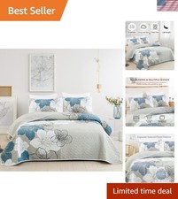 Elegant 3-Piece King Quilt Set - Blue Floral Bohemian Design  Soft Microfiber