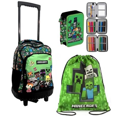 Minecraft Team Großer Rucksack Trolley mit Rollen + Etui + Schultasche