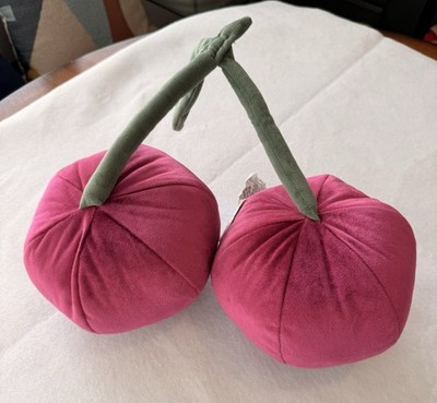 Plush Velvet 3 Cherry Decorative Pillows Pink Green 12 x 8 in Fruit Novelty