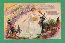 VINTAGE NASH HALLOWEEN SUPERSTITION POSTCARD LADY PUMPKIN SEEDS WITCHES GOBLINS