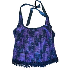 Fredericks of Hollywood Size 44 Halter Corset Purple Black Lace Lace Up Back