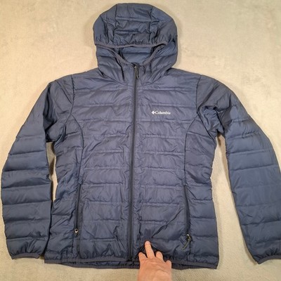 Columbia Jacke Herren XL blau Kapuze 650 Füllung Daunen Puffer Outdoor Wandern Mantel