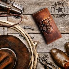 Rodeo Bull Western Wallet for Men. Full Grain Leather Checkbook Wallet. RFID Blo