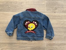Vintage Looney Tunes Girls Kids Denim Jacket with Tweety Patch Plaid Size 4