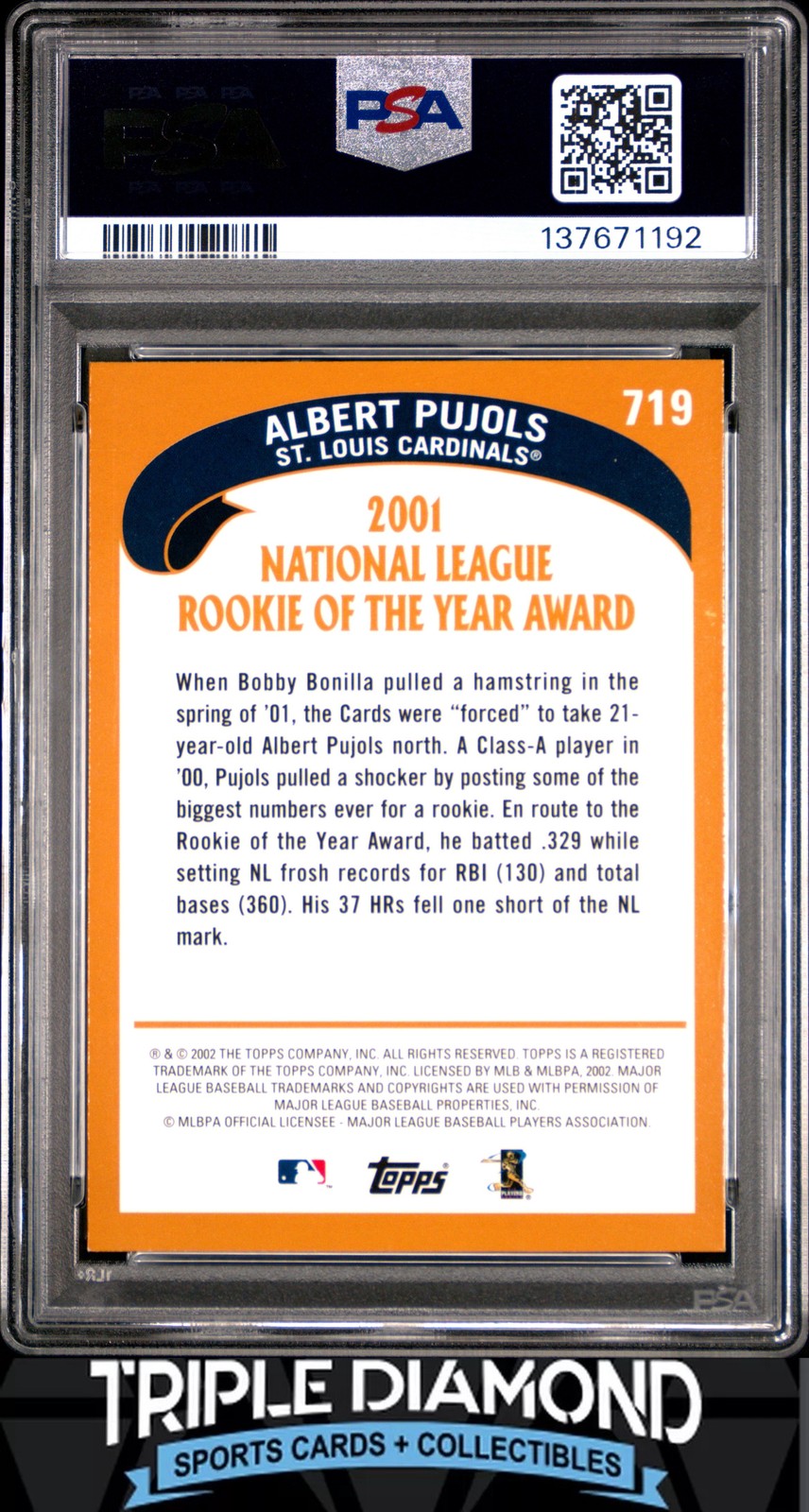 2002 Topps #719 Albert Pujols Award Winner Cardinals PSA 9 Mint AD355 view 2