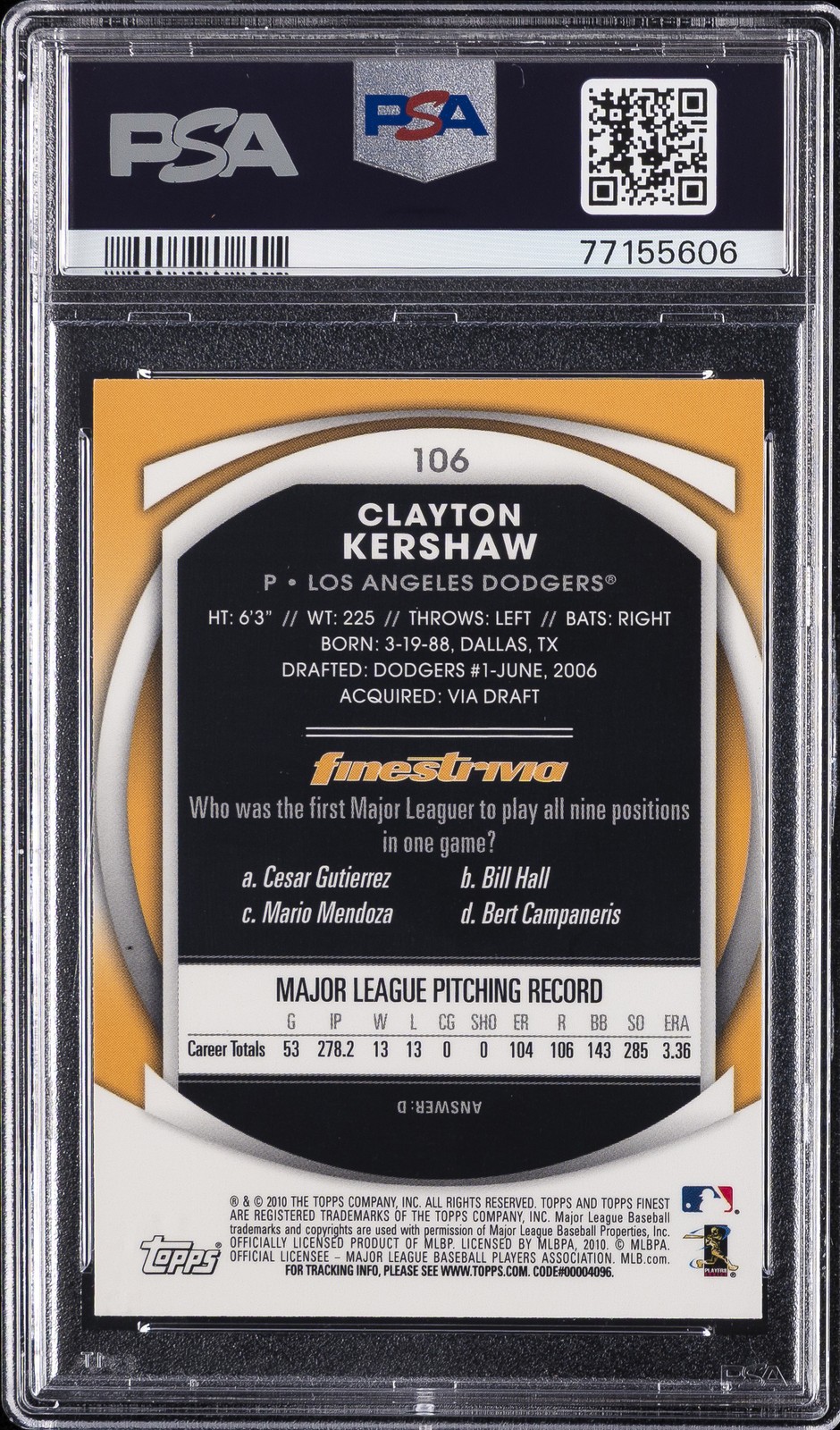 2010 FINEST #106 CLAYTON KERSHAW PSA 10 view 2