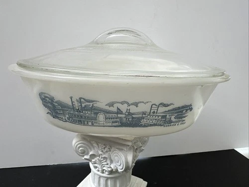 Vintage Glasbake Currier & Ives Steamboat Casserole Dish With Cover,9X6X2 1/2"