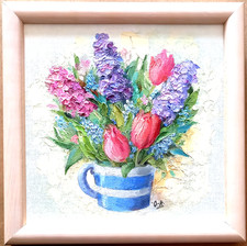 Blumen Gemälde neu Ölbild Frühlingsblumen Unikat handgemalt  26x26 cm Holzrahmen