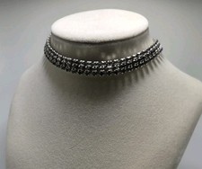 Vintage Silver Tone 3 Layer Rhinestone Choker Necklace Clear  Gray 11" - 15"