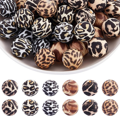 60 Pcs 15Mm Silicone Beads Bulk round Leopard Print Silicone Focal Beads for Key