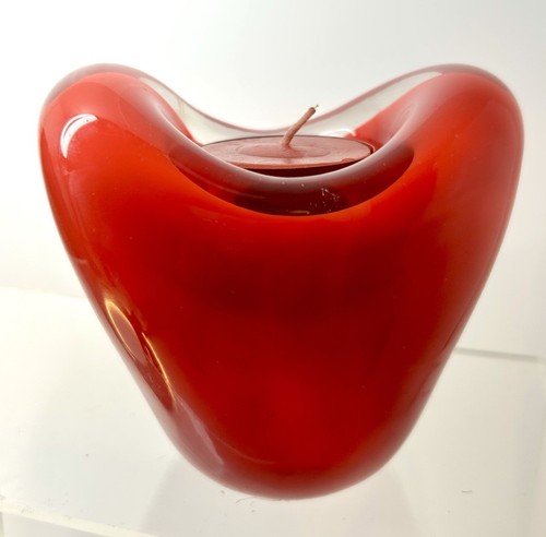 Vtg Teleflora Hand Blown Red Heart Shape Cased Thick Art Glass Votive Holder 4” - Picture 14 of 14