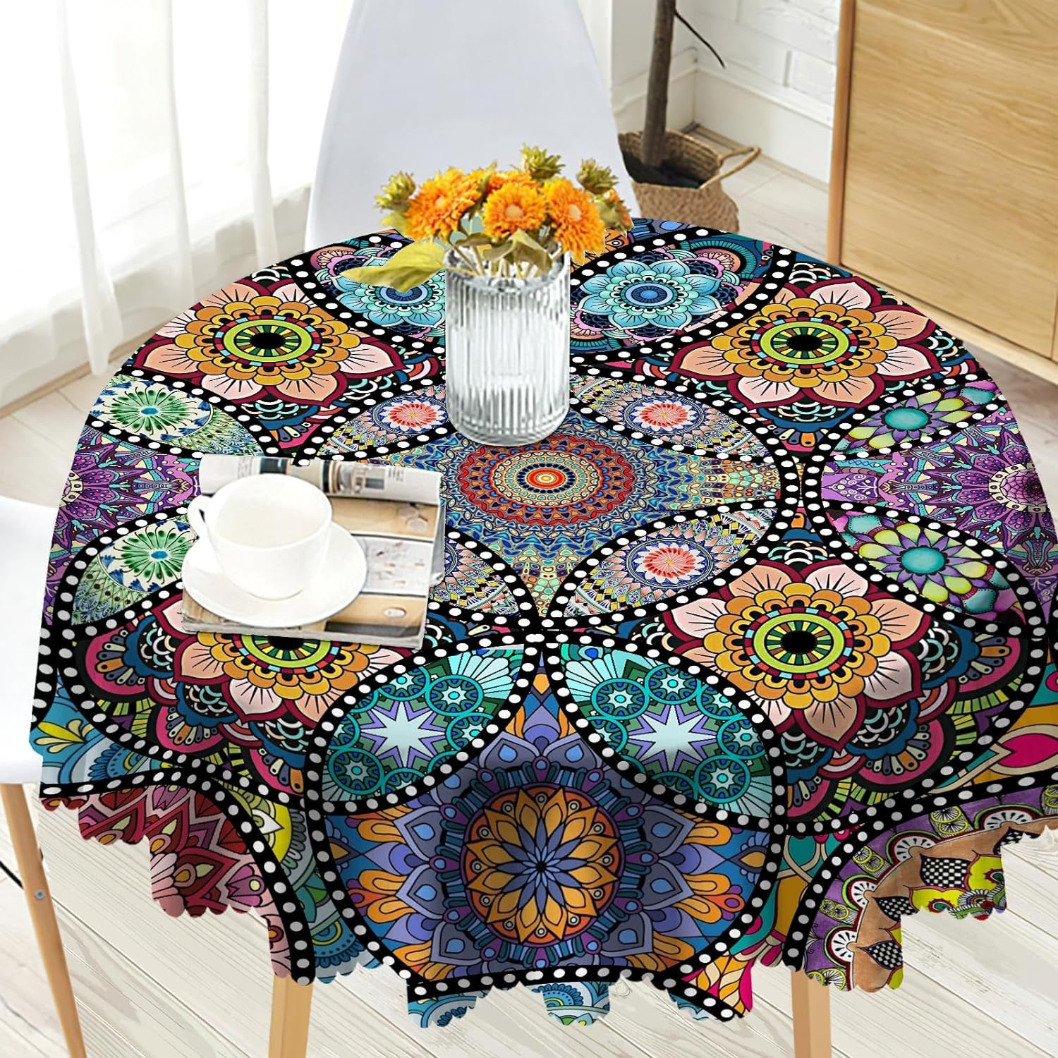 Boho round Tablecloth 60Inch Bohemia Table Cloth,Colorful Tablecloth Polyester W