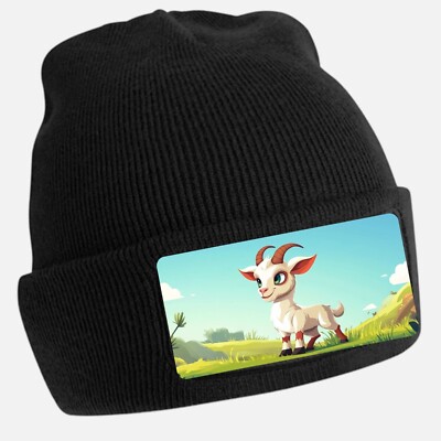 Black Angry Goat Print Beanie Hat Unisex Cotton