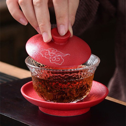 on sales glass bowl porcelain lid saucer ceramic gaiwan China tureen cloud carve - Picture 5 of 18