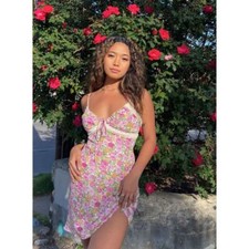 Commense Floral Lace Patchwork Mini Dress Spaghetti Strap Sundress Casual S