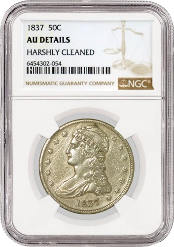 1837 50C Capped Bust Silver Half Dollar NGC AU Details Harshly Cleaned Coin