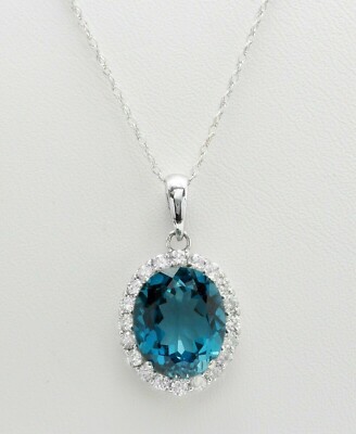 14k White Gold Plated 3Ct Oval Lab-Created London Blue Topaz Drop Shape Pendant