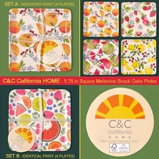 SET OF 4 New C&C California Home 5.75 in Square Melamine Plates Colorful Fruits