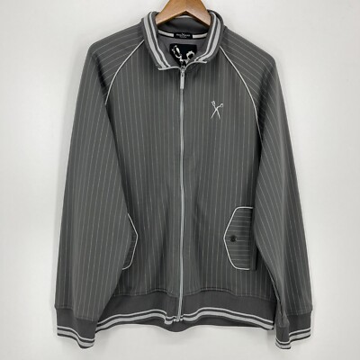 Marc Ecko Cut & Sew Track Jacket Men's XL Gray Pin Striped Embroidered Y2K Vtg