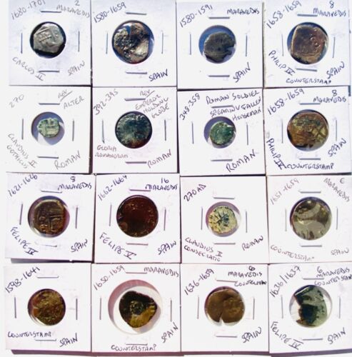 Lote de 16 monedas romanas y españolas auténticas genuinas antiguas de la época pirata medieval - Imagen 1 de 3
