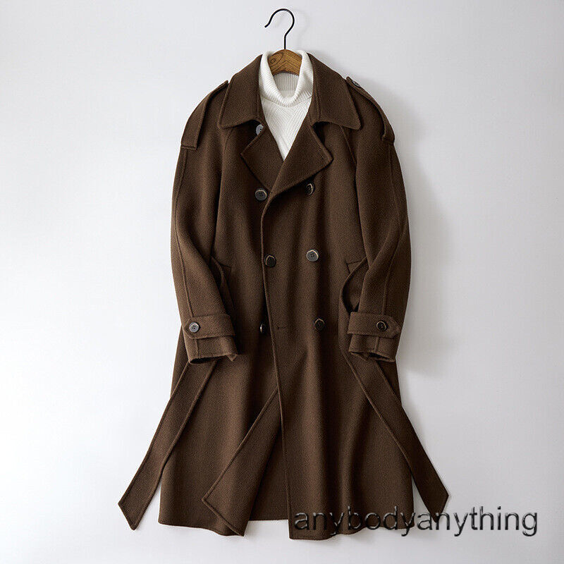 Men Long Trench Coat Double Sided Breasted Overcoat Wool Over Knee