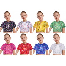Kids Girls Shirt Dance Blouse Stretchy Crop Top Photo Shoot T-shirt Jazz Tops