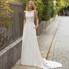 Beach A-Line Wedding Dresses O Neck Appliques Backless Bow Pleated Bridal Gowns