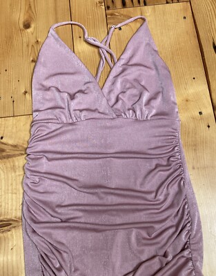 LUCY IN THE SKY Dress S Pink Bodycon Mini Ruched Spaghetti Strap V Neck Low  Back | eBay