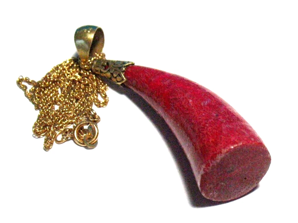 COLGANTE PLATA ESTERLINA ROJO LACADO EN FORMA DE COLMILLO COLLAR RELLENO ORO 14K 9,6 GM Foto 2 de 2