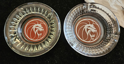 VTG Lot of 2 MGM Grande Ashtray different Glass Molds Same Lion