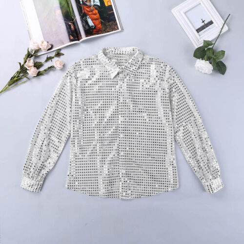 Men's Shiny Sequins Shirts Long Sleeve Button Down Shirt Disco Top Party Costume - Picture 27 of 66