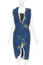 PRADA 202 Runway navy blue yellow paper viscose crinkled floral dress IT38 XS