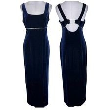 Vintage Bari Jay Maxi Dress 13/14 Blue Velvet 90s Rhinestone Evening Gown Formal
