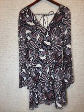 New Women's ASOS TALL Paisley V-Neck Tie Back Bell Sleeve Lined Dress, Size 6 US