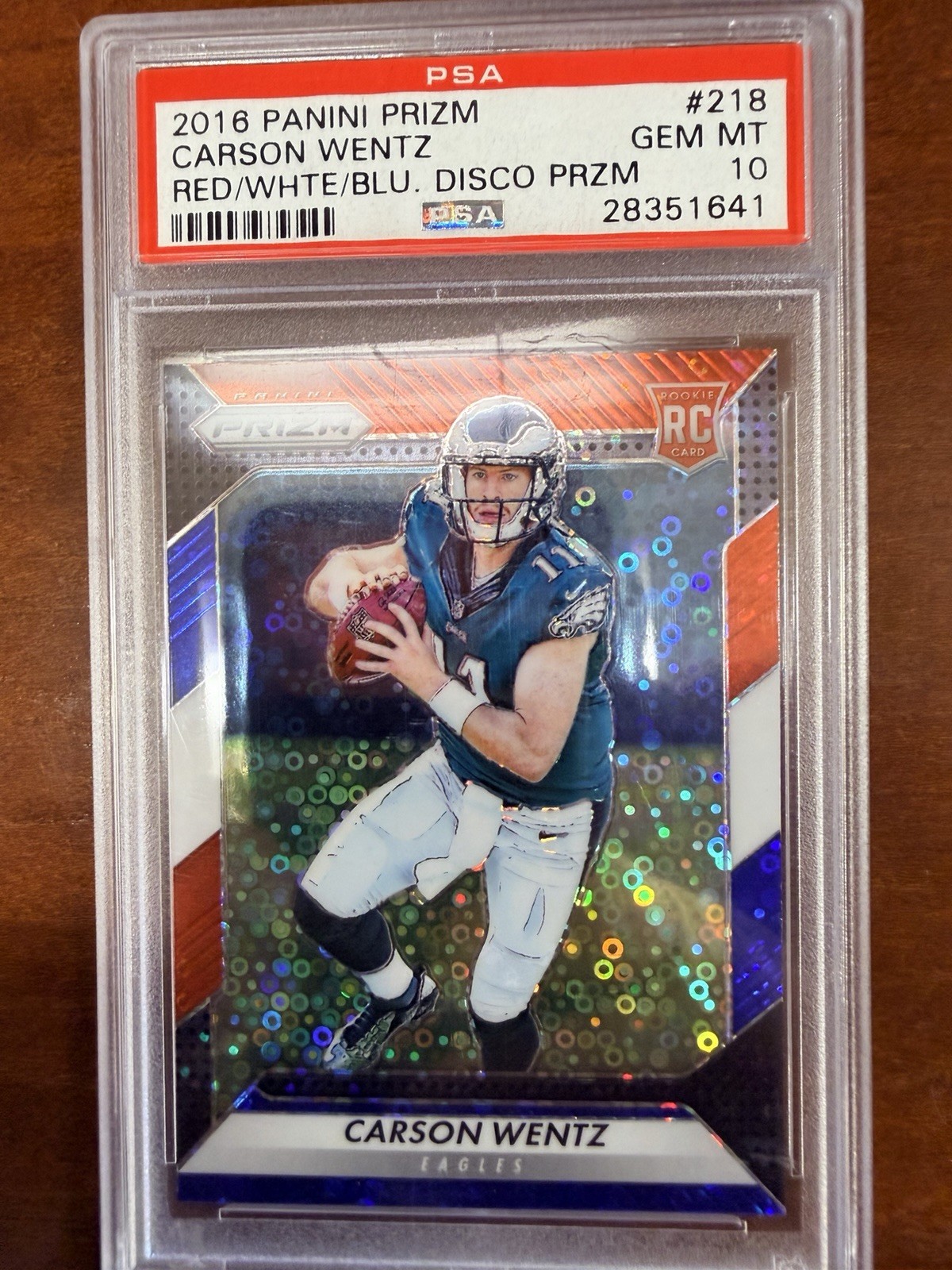 2016 Panini Prizm Carson Wentz #218 Red White Blue Disco Prizm PSA 10