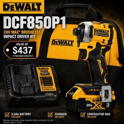 DEWALT DCF850P1 20V MAX ATOMIC Impact Driver Kit w/ 5Ah Battery Charger New