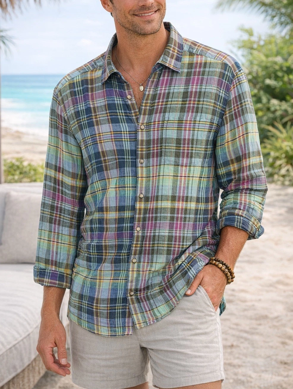 Tommy Bahama XL Plaid Shirt Multicolor Button Front Casual Mens