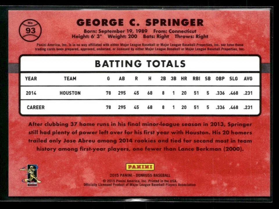 2015 Donruss #93 George Springer Press Proofs Silver #/199 - Image 2 of 2