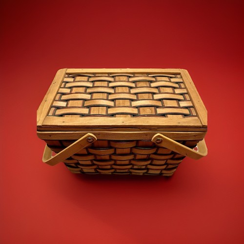 Beautiful Quality Woven Wood Sewing Picnic Basket Brown Red Green Hinged Handles