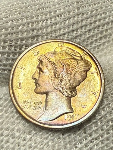 1917-S Mercury Dime ~ Choice/Gem AU (Full Split bands - FSB) ~ 90% Silver Toned