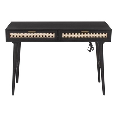 Casartis Living Ella Cane Solid Wood Desk w/ Built-in-Outlet in Black