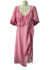 Prettylittlething Pink Floral Dress Size 22 Short Puff Sleeve Midi Side Slit 